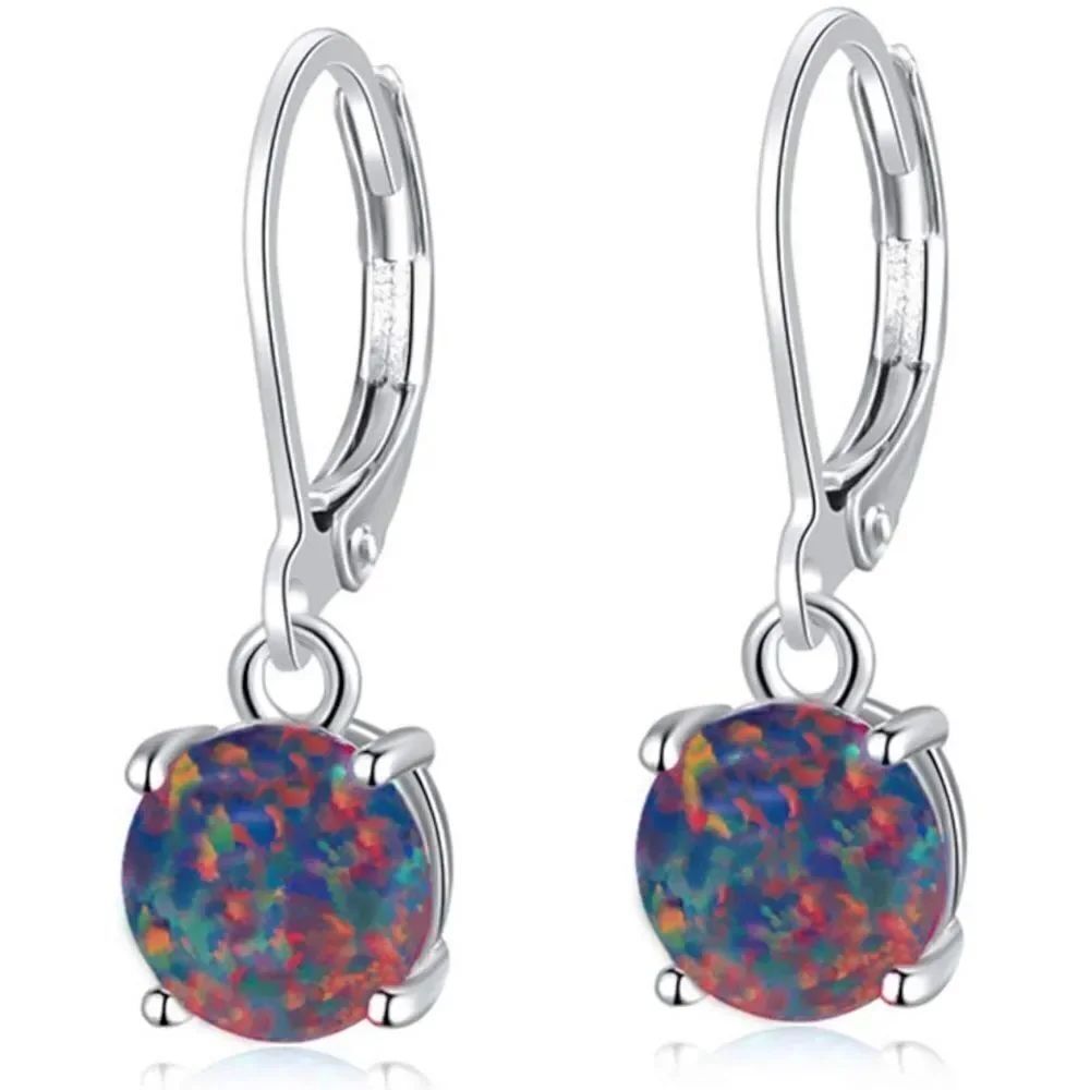 14K White Gold with Round Genuine Black Fire Opal Hoop Leverback Drop Earrings